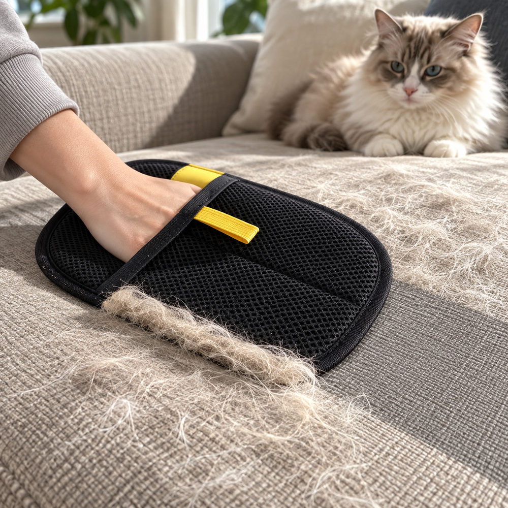 Gant anti-poils PawSwipe utilisé sur un canapé, à côté d’un chat